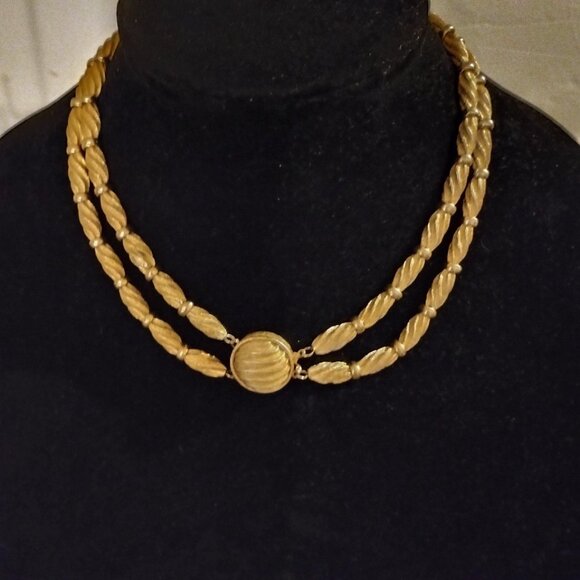 Necklace Vintage Unique Gold Tone Metal Beads on Chain Fastener Pendant 2 Rows - Picture 1 of 10